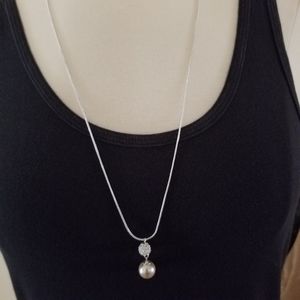 Faux Pearl Rhinestone Sphere Silver Tone Necklace